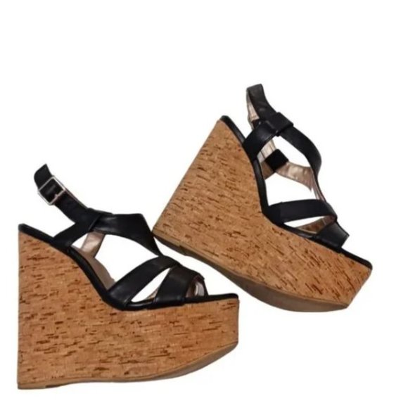 Forever 21 Cork Wedge  Heel Black Vegan  Platform Sandals Size 5 - Picture 2 of 9